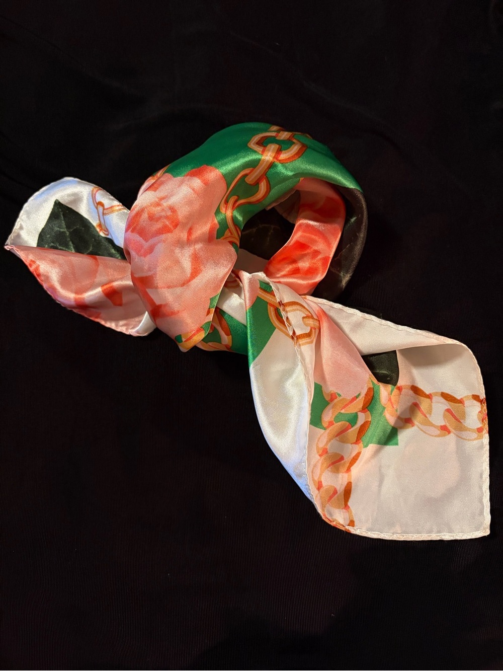 New Chanel Like Chain and Rose Print Neck Scarf
